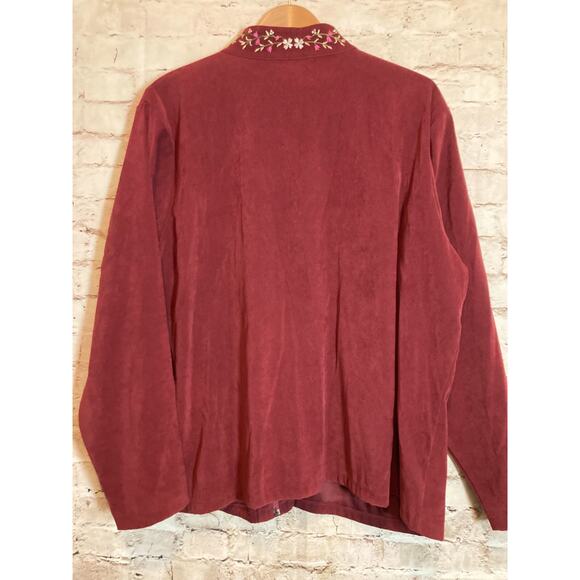 Susan Graver Top Womens 2X Maroon Red Floral Embroidered Front Zip Microsuede - Picture 11 of 13